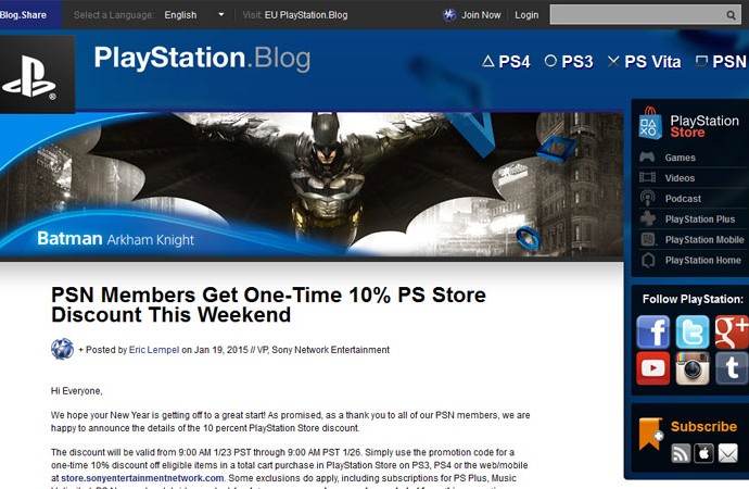 Sony beri diskon 10% di PlayStation Store